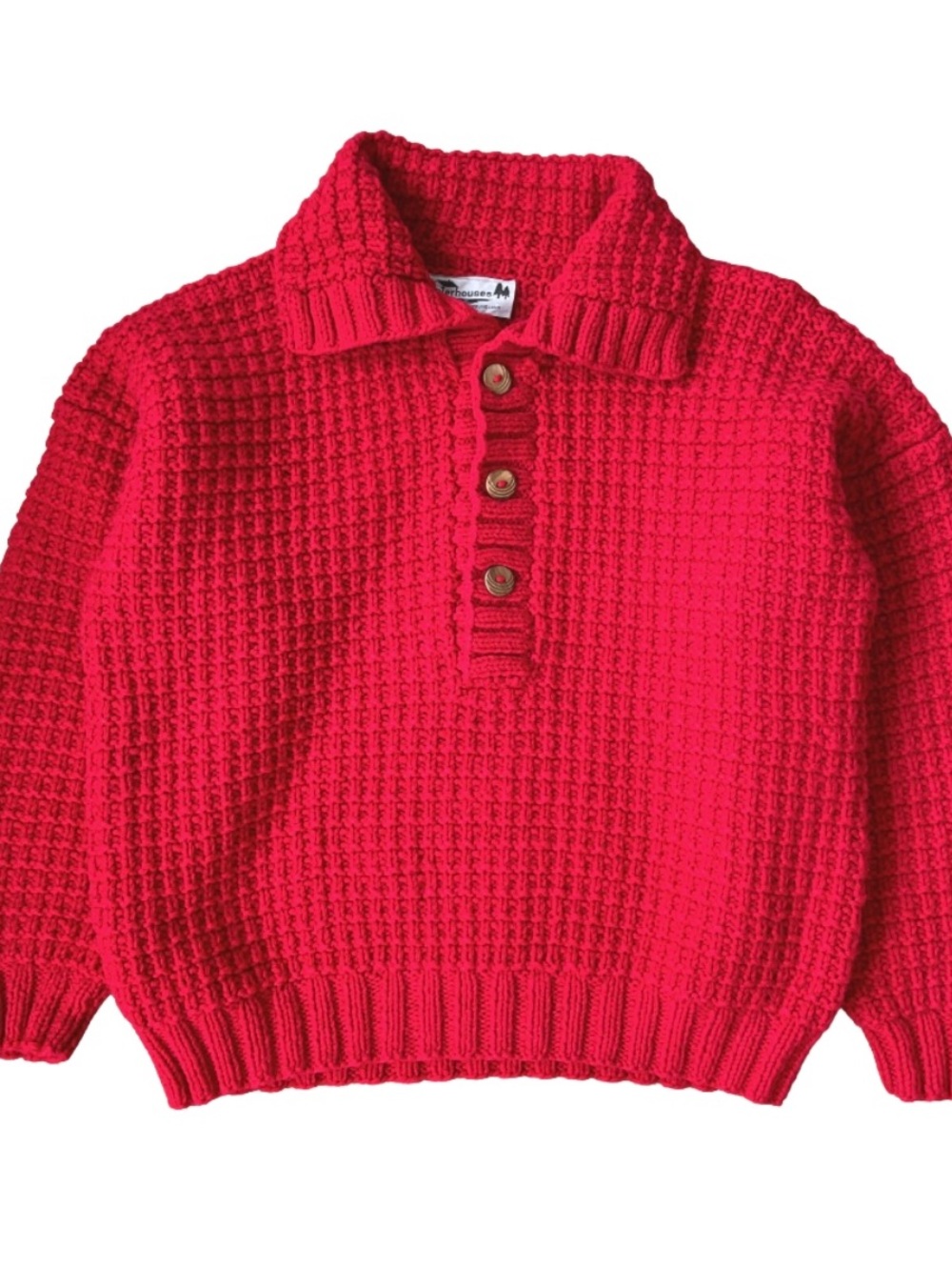 Winterhouses Chunky Textured Knit Button Front Collared Sweater, Red, Large,